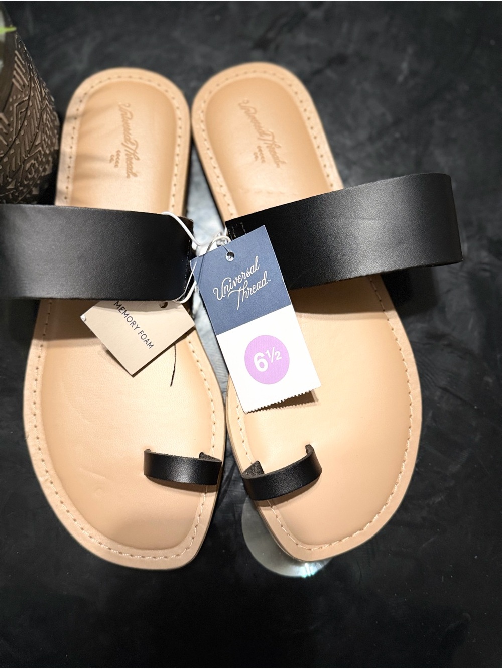 Universal Thread Black and Tan Slide Sandals with Toe Loop - Women